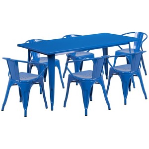 Flash Furniture Commercial Grade 31.5" x 63" Rectangular Metal Indoor-Outdoor Table Set with 6 Arm Chairs - 1 of 4