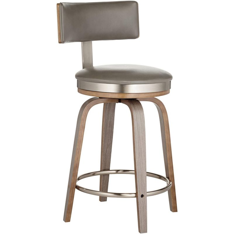 Studio 55D Tilden Wood Swivel Bar Stool Brown 26" High Mid Century Modern Gray Leather Cushion with Backrest Footrest for Kitchen Counter Height Home, 1 of 10