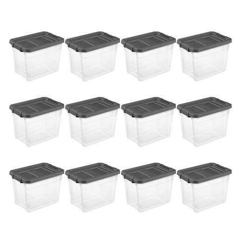 Sterilite 30 Quart Plastic Stacker Box, Lidded Storage Bin Container for Home and Garage Organizing, Shoes, Tools, Clear Base & Gray Lid, 12-Pack
