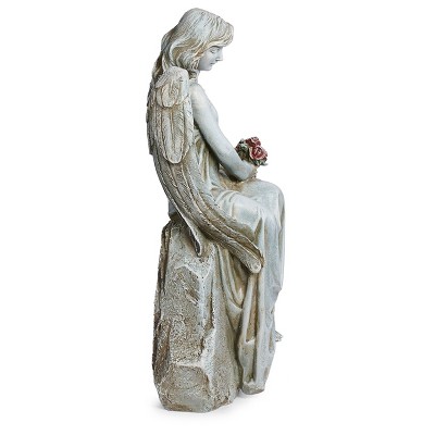 Gray Resin Angel with Flowers Outdoor Garden Statue