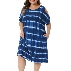 Women's Plus Size Tie Dye Crew Neck Off Shoulder T-Shirt Dresses with Pockets - Agnes Orinda - 1 of 4
