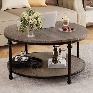 Rustic Round Coffee Table with Storage Shelf, 2-Tier Vintage Wood Center Table, Sturdy Metal Legs & Easy Assembly for Living Room - 1 of 4