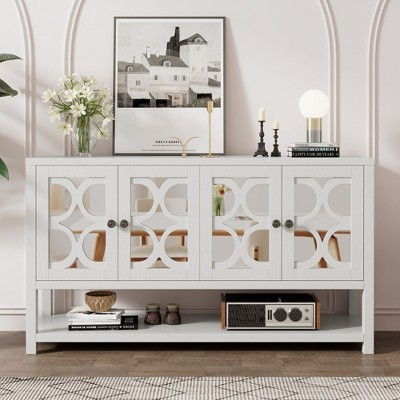 NicBex 60" Retro Sideboard,Kitchen Storage Cabinets with 4 Mirrored Doors and Spacious Shelves for Kitchen and Dining Room,White