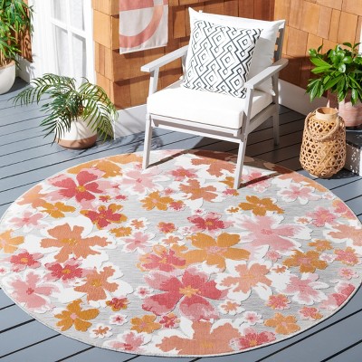 Gray and Pink Floral Round Synthetic Indoor/Outdoor Rug