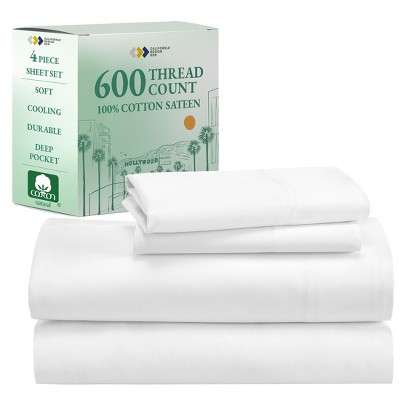5-Star Luxury Sheet Set | 600 Thread Count 100% Cotton Sateen | Soft & Crisp Bed Sheets with Deep Pockets by California Design Den