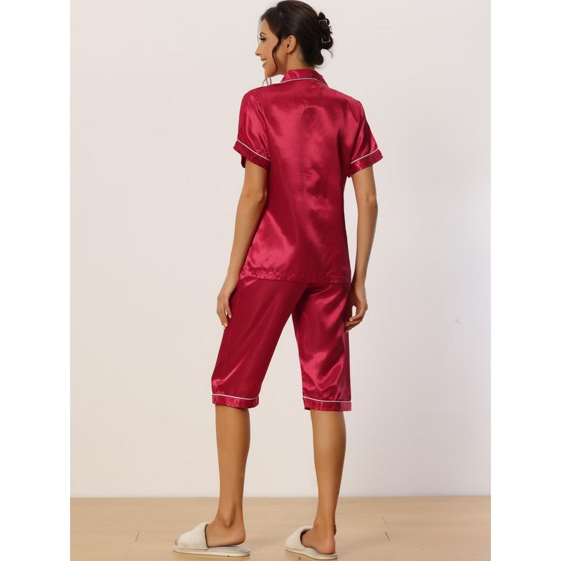 cheibear Women's Satin Button Down with Capri Pants Lounge Pajama Set, 3 of 6
