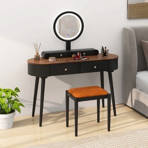 Costway Solid Wood Makeup Vanity Desk Set with LED Lighted Mirror Drawers Cushioned Stool White + Brown/Black + Brown/White + Black/White + Natural - 1 of 4