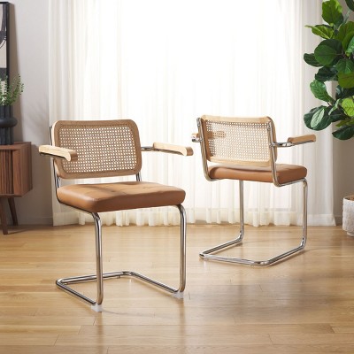 Cognac Faux Leather and Natural Rattan Arm Chair with Chrome Legs