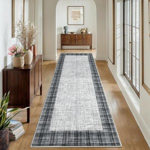 Modern Bordered Striped Runner Rug - Washable Stain Resistant Throw Carpet with Non-Slip Backing Low Pile Floor Cover for Hallway Laundry Bedroom - 1 of 4