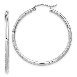 Black Bow Jewelry 2mm x 35mm 14k White Gold Satin & Diamond-Cut Round Hoop Earrings - 1 of 4