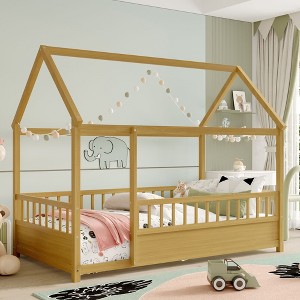 Kumasinova Solid Wood Twin/Full Bed Frame,Kids Floor Bed with Safety Rails,Twin/Full Size Bed Frame with House Roof Design,Bed Frames for Children - 1 of 4