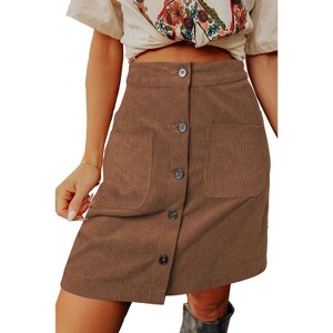 Women's Corduroy A-Line Mini Skirt - High Waisted Button Down Short Skirt with Pockets Brown - 1 of 4