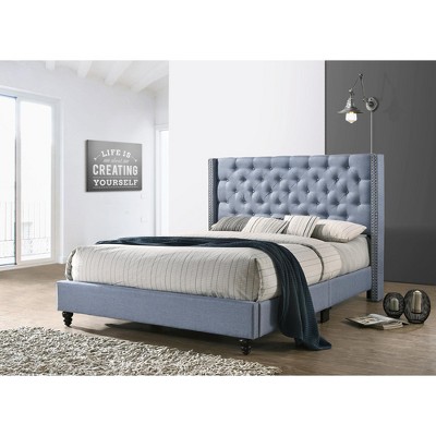 Elegant Blue Velvet Queen Bed with Tufted and Nailhead Details