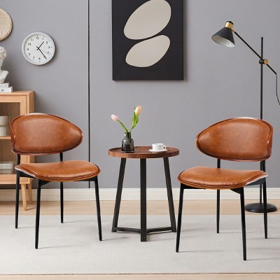 Set of 2 Mid-Century Modern Dining Chairs,Orange PU Leather Upholstered Armless Chairs with Metal Legs for Kitchen or Dining Room-Coolbibila