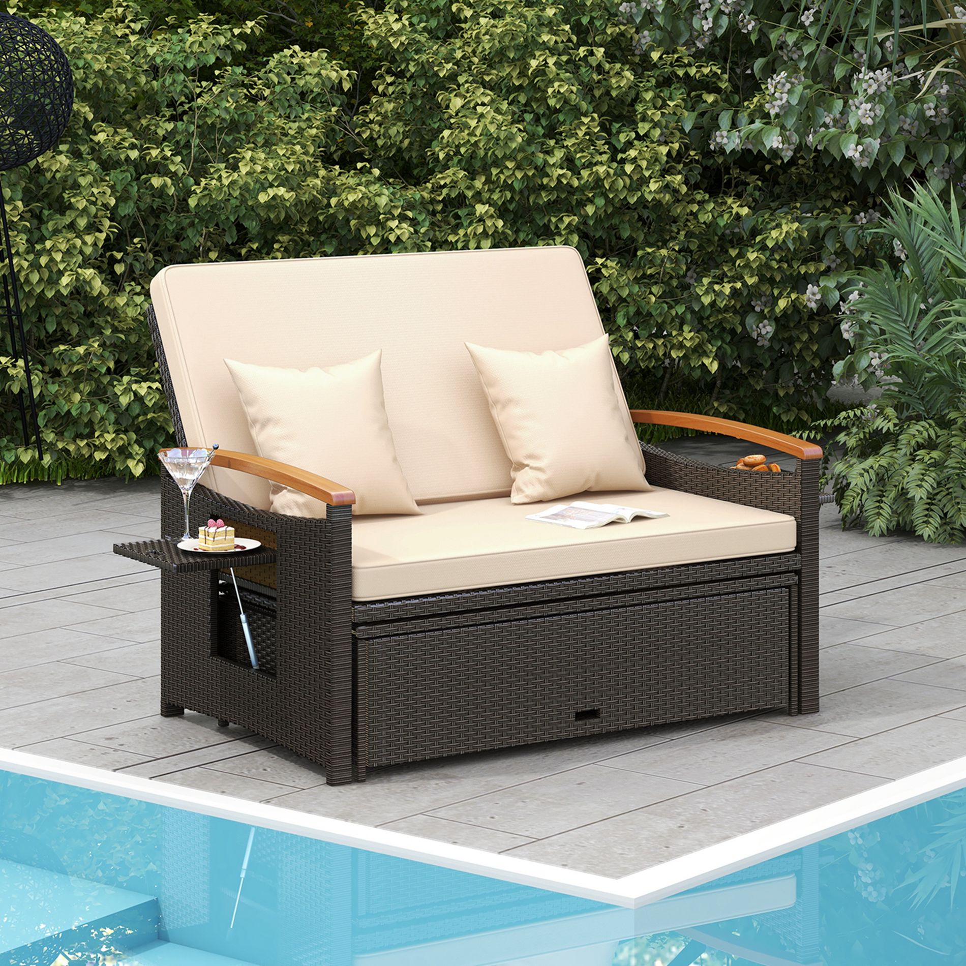 Costway Patio Rattan Daybed Set with Cushioned Loveseat & Storage Ottoman for Porch Beige/Navy/Red/Turquoise/Black/Gray