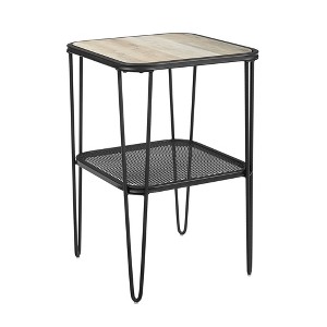 Industrial Hairpin Leg Side Table with Metal Mesh Shelf Gray Wash - Saracina Home, Gray Blue