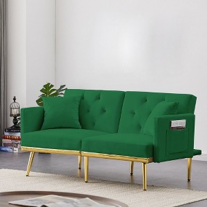 59" Velvet Futon Sofa Bed, Modern Convertible Loveseat Sofa With 2 Pillow, Sleeper Sofa with Adjustable Backrest for Guest Room Bedroom - 1 of 4