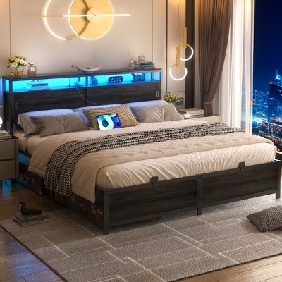 Aheaplus Storage Bed with Sliding Doors, LED Lights & USB Charging Station