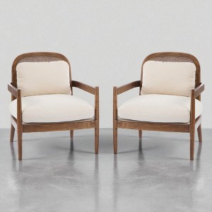 Mshliw Set of 2 Mid-Century Modern Accent Armchairs with Solid Wood Frame, Rattan Backrest, and Striped Upholstered Cushions - 1 of 4