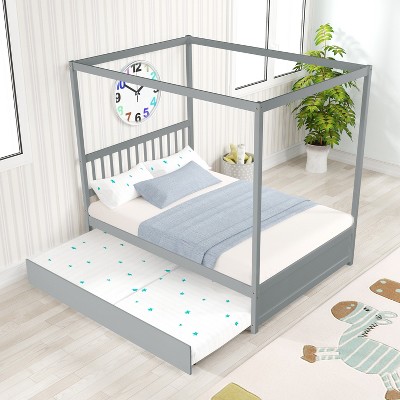Whisen Full Size Canopy Bed with Twin Trundle, Kids Solid Wood Platform Bed Frame