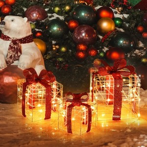 Costway 3 PCS Christmas Gift Boxes Indoor Outdoor W/ 60 LED Lights, Waterproof Plug - 1 of 4