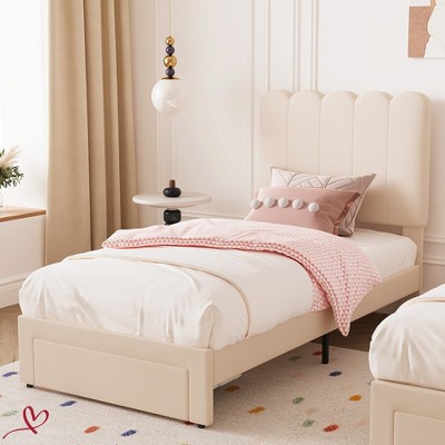 Twin Platform Bed Frame Velvet/Lambswool Upholstered Twin Size Bed Frame with Wave Headboard and Under-Bed Drawer No Box Spring Needed