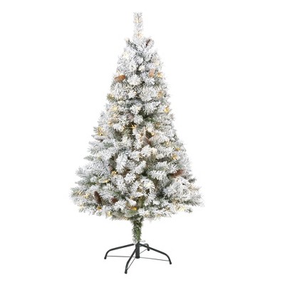 Nearly Natural 5-ft Flocked White River Mountain Pine Artificial Christmas Tree with Pinecones and 150 Clear LED Lights