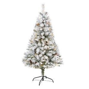 Nearly Natural 5-ft Flocked White River Mountain Pine Artificial Christmas Tree with Pinecones and 150 Clear LED Lights - 1 of 4
