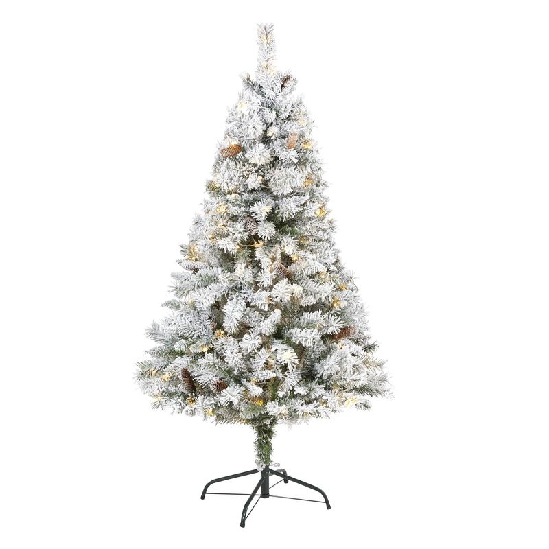 Nearly Natural 5-ft Flocked White River Mountain Pine Artificial Christmas Tree with Pinecones and 150 Clear LED Lights, 1 of 8