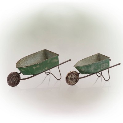 Set of 2 Green Rustic Iron Wheelbarrow Planters