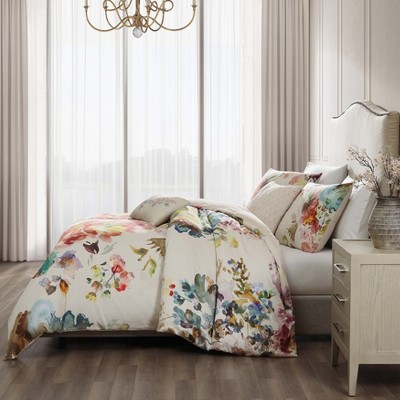 Ivory Floral Cotton Sateen Reversible Queen Comforter Set
