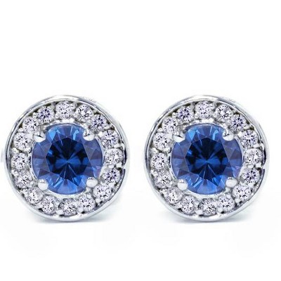 Pompeii3 5/8ct Halo Diamond Blue Sapphire Studs 14K White Gold