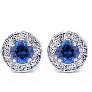 Pompeii3 5/8ct Halo Diamond Blue Sapphire Studs 14K White Gold - 1 of 3