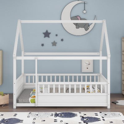 CAVINAS Twin Size Bed Frame with House Roof Frame,Platform Bed with Fence Guardrails,Pine Sturdy Platform Bed for Bedroom