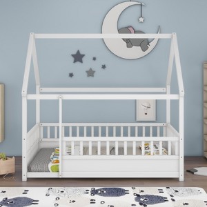 CAVINAS Twin Size Bed Frame with House Roof Frame,Platform Bed with Fence Guardrails,Pine Sturdy Platform Bed for Bedroom - 1 of 4