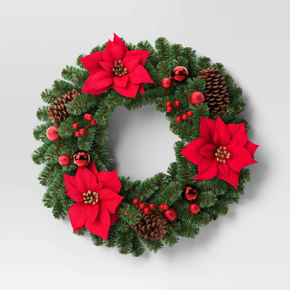 Photos - Other Decoration 24" Decorated Pine and Poinsettia Flower Artificial Christmas Wreath - Won