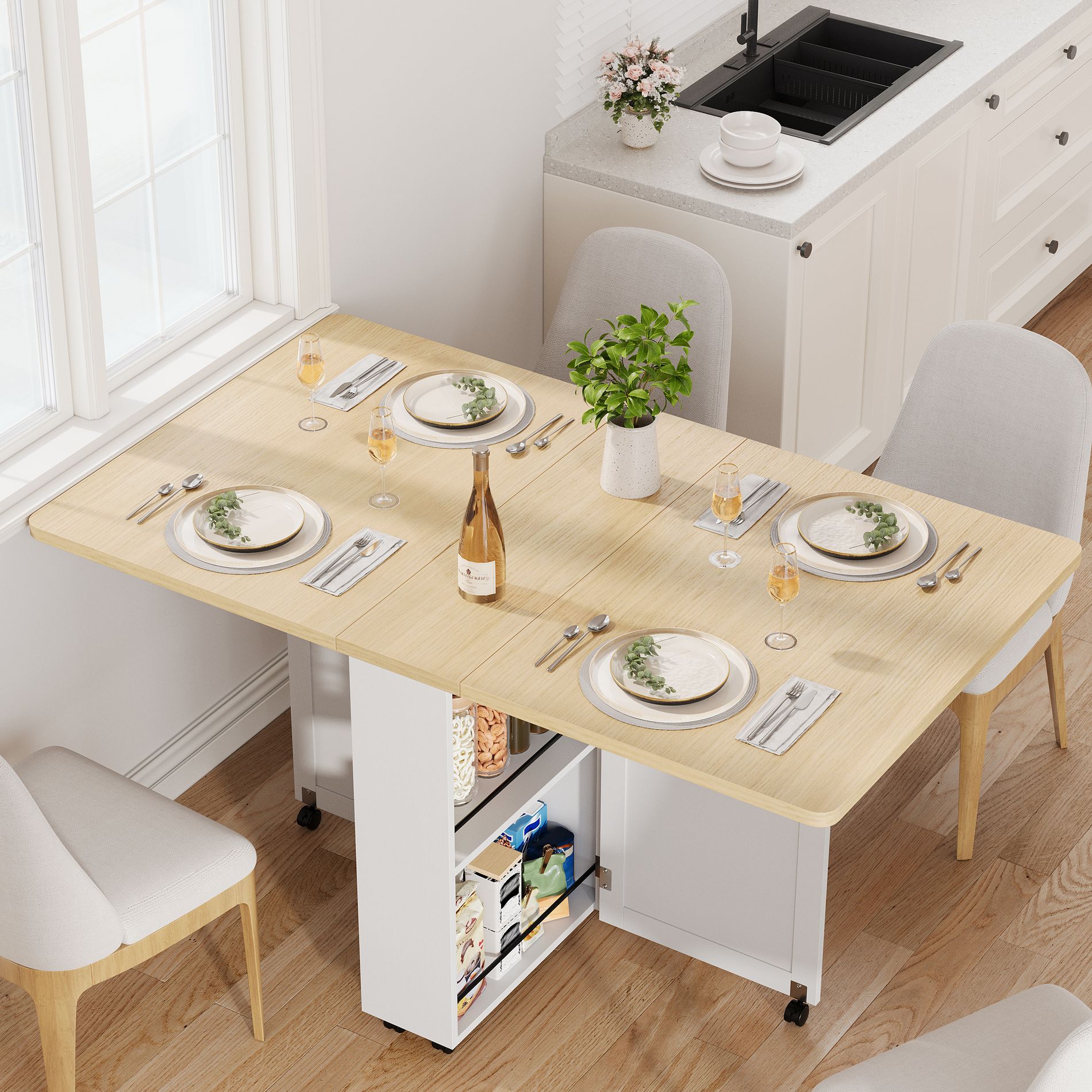 Folding Dining Table with Drawer and Storage, Folding kitchen Table with 6 Wheels, Suitable for Kitchens, Apartments, Small Spaces