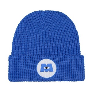 Disney Monsters Inc. Beanie Embroidered Logo Patch Adult Waffle Knit Winter Hat Blue - 1 of 4