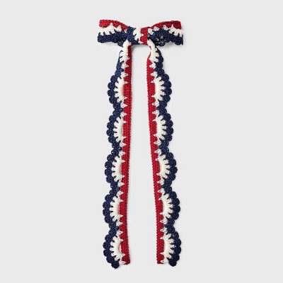 Americana Knitted Hair Bow Barrette - Red/White/Blue