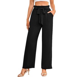 Coolmee Women's Wide Leg Lounge Pants High Waisted Adjustable Belt Knot Loose Trousers with Pockets - 1 of 4