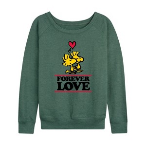 Women's - Peanuts - Forever Love Lightweight French Terry Wide Neck Long Sleeve Shirt - 1 of 4