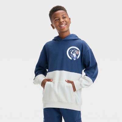 Boys' Captain American Colorblock Hooded Fleece Pullover Sweatshirt - Navy Blue