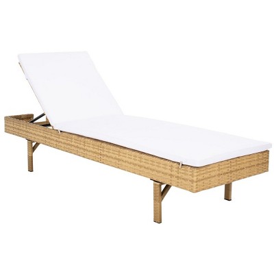 Natural Wicker Outdoor Chaise Lounger with White Cushions