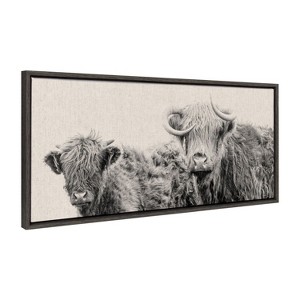 Kate and Laurel Sylvie Two Highland Cow Best Friends Neutral Linen Bright Framed Canvas by The Creative Bunch Studio - 1 of 4