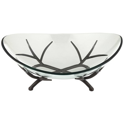 Clear Glass Oval Decorative Bowl with Black Metal Base
