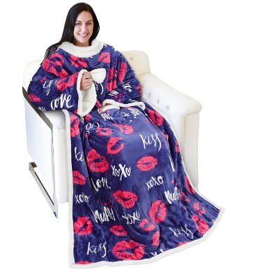 Adults Fuzzy Cozy Wearable Blanket with Sleeves Arms, Flannel Fleece Sleeved TV Wrap Blanket, Snuggly Throw for Women Men, Gift for Her - Catalonia