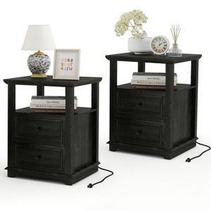 Dyonery Farmhouse Nightstand 18" White End Table with Charging Station & 2 Drawers, Rustic Bedside Table with Storage Shelf for Bedroom - 1 of 4