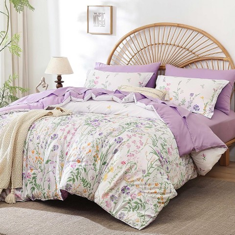 Der Rose BALHAM TRADE-7 Piece Queen Size Green Floral Comforter Set All Season Bed in a Bag with Sheets Purple-Queen 90"x90"