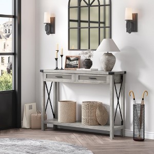 43" Farmhouse X-Shape Console Table with 2 Rattan Drawers and Shelf - 1 of 4