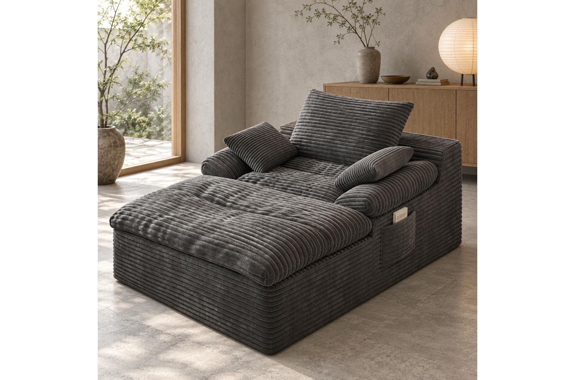 65" Oversized Boneless Chaise Lounge Chair with Side Pocket and 3 Pillows, Cloud Corduroy Chaise Reading Chair Bed Sleeper Couches for Living Room